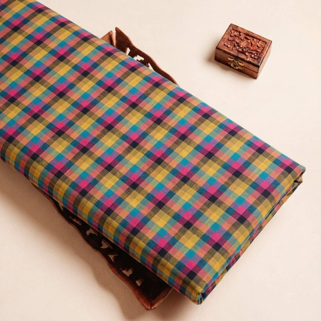 Folded Multicolor Checked Cotton Fabric Highlighting and Texture