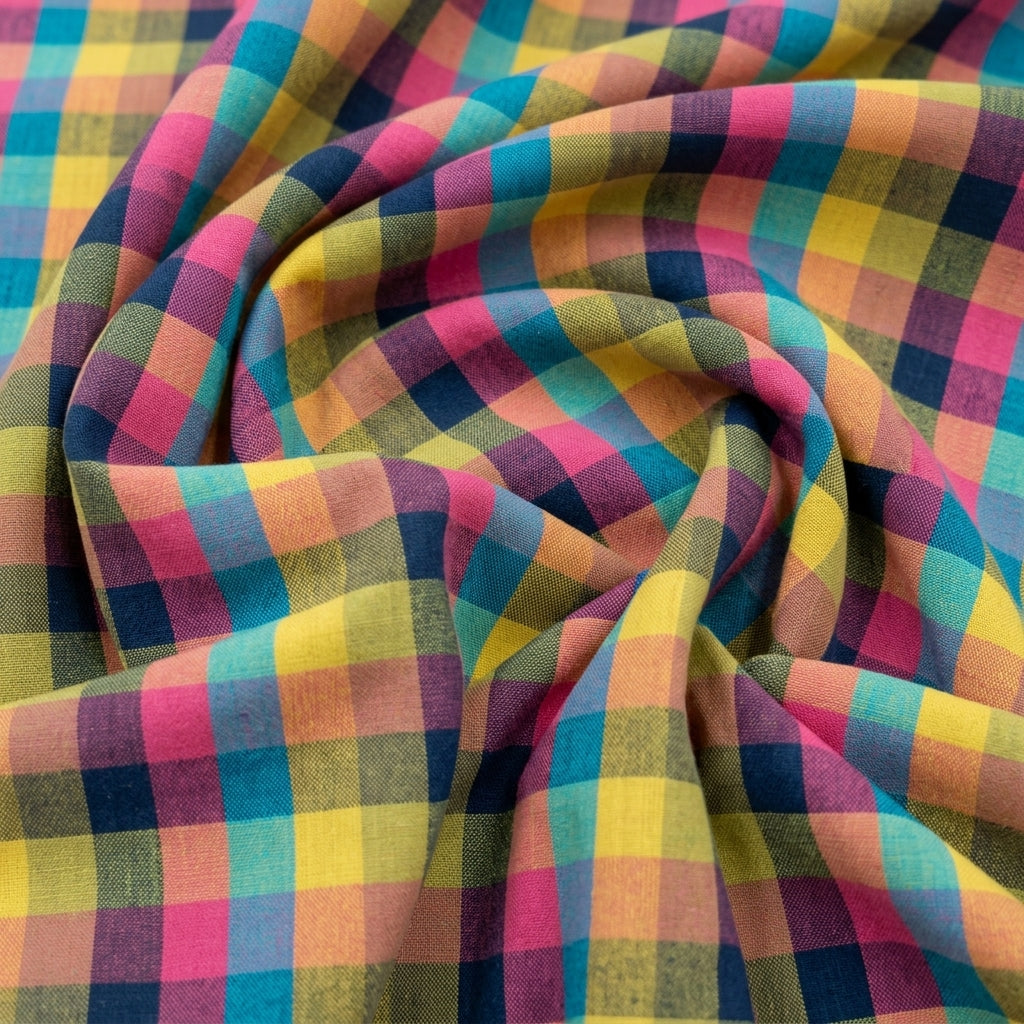 Swirled Checked Multicolor Checked Cotton Fabric