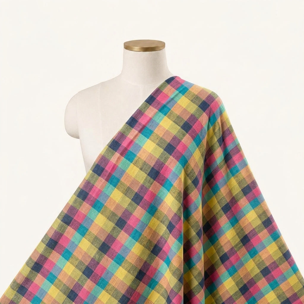 Checked Multicolor Checked Cotton Fabric Draped as a saree