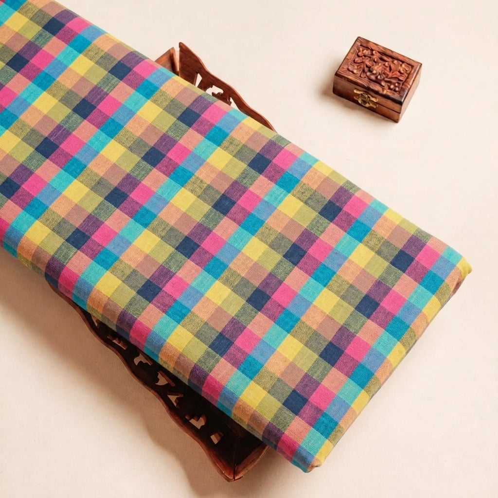 Folded Multicolor Checked Cotton Fabric Highlighting and Texture