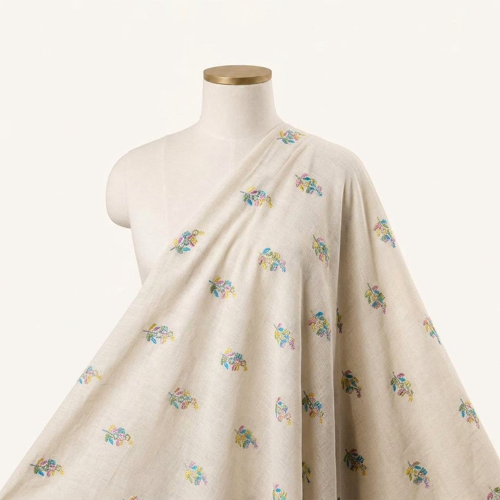 Embroidery Cream Embroidery Linen Fabric Draped as a saree