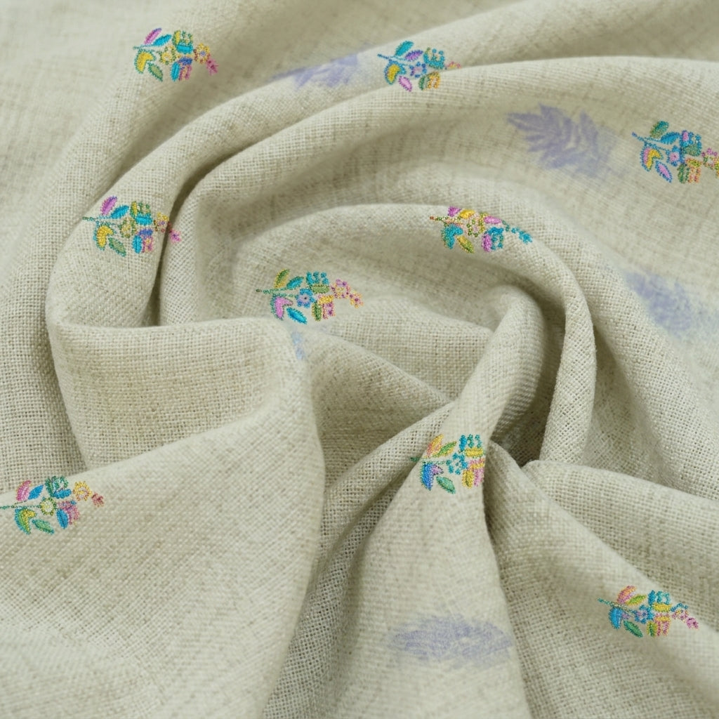 Swirled Embroidery Yellow Embroidery Linen Fabric