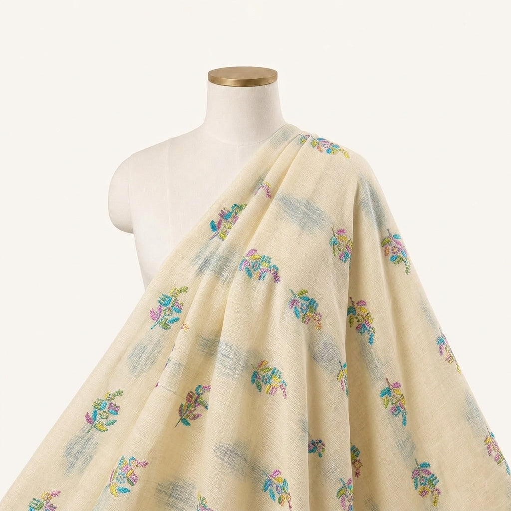 Embroidery Yellow Embroidery Linen Fabric Draped as a saree