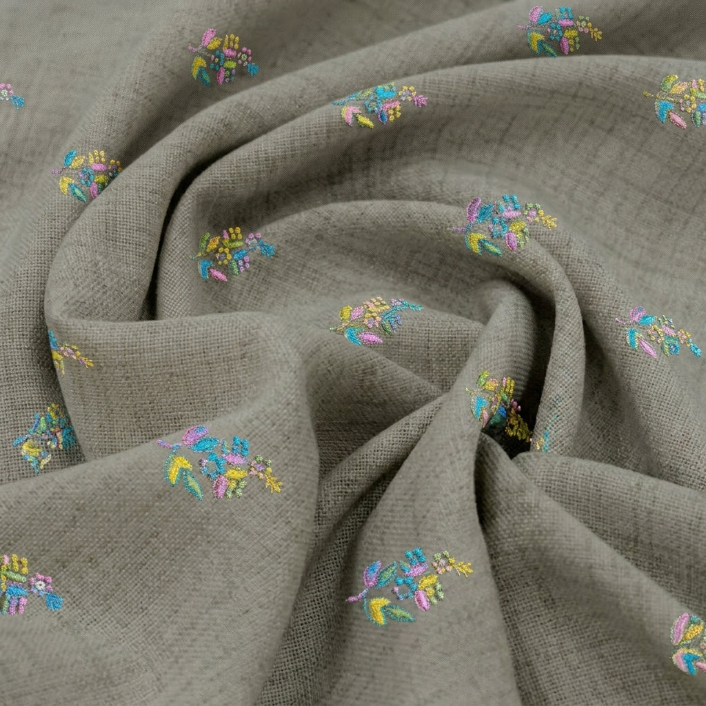 Swirled Embroidery Biege Embroidery Linen Fabric