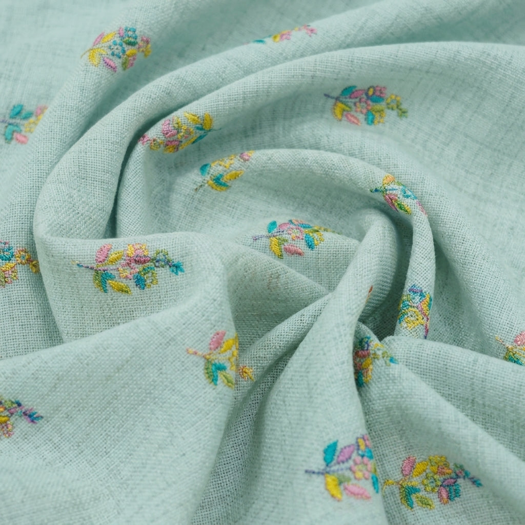 Swirled Embroidery Blue Embroidery Linen Fabric