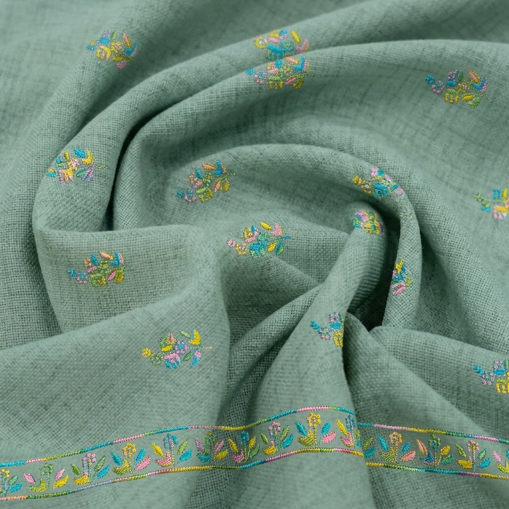 Swirled Embroidery Green Embroidery Linen Fabric