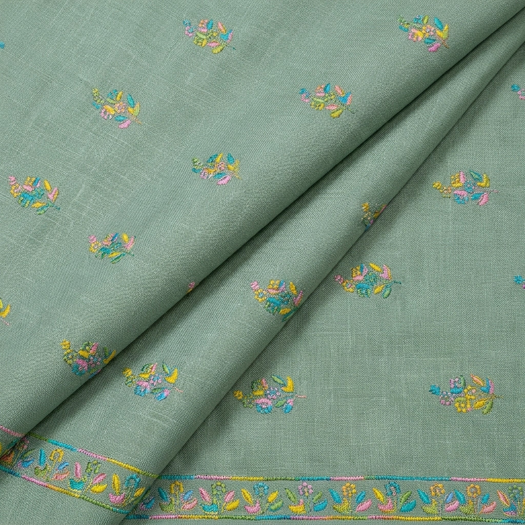 Folded Embroidery Green Embroidery Linen Fabric