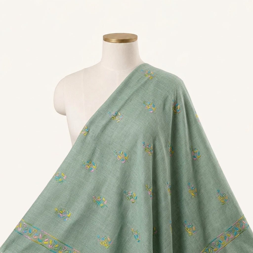 Embroidery Green Embroidery Linen Fabric Draped as a saree