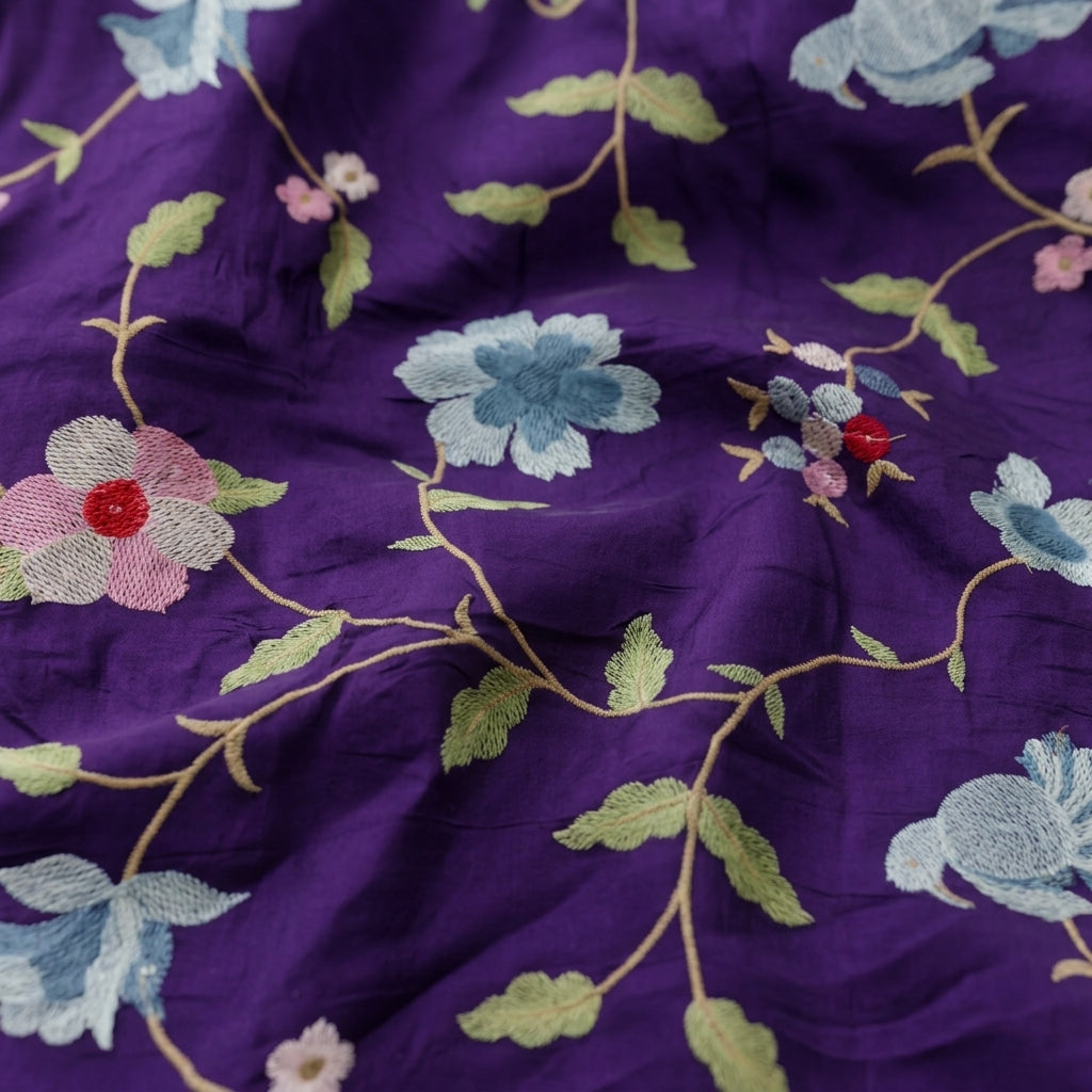 Swirled Embroidery Purple Embroidery Tussar Fabric