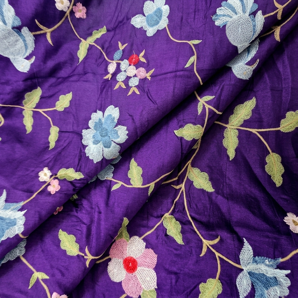 Folded Embroidery Purple Embroidery Tussar Fabric