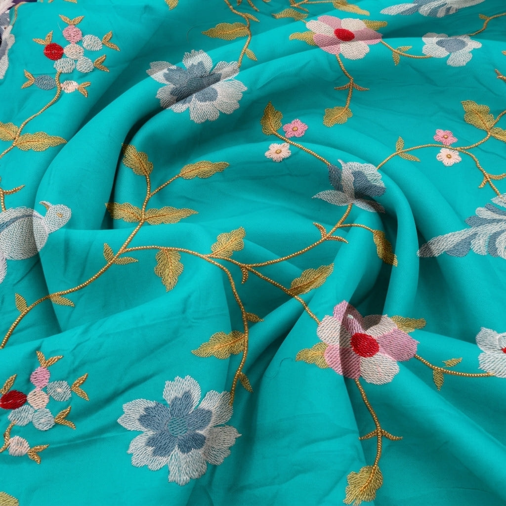 Swirled Embroidery Sea Green Embroidery Tussar Fabric