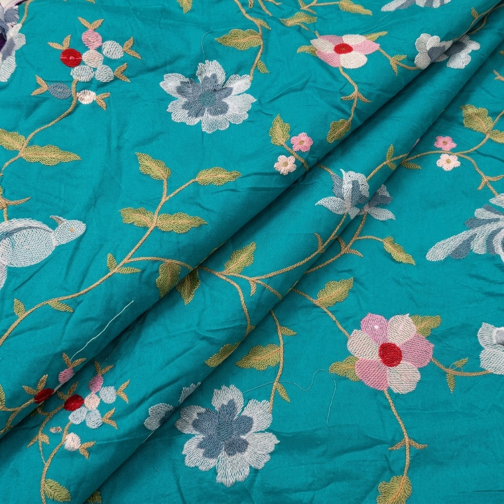 Folded Embroidery Sea Green Embroidery Tussar Fabric