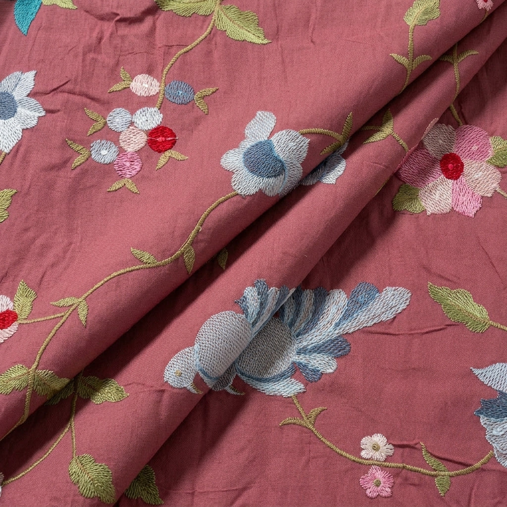 Folded Embroidery Maroon Embroidery Tussar Fabric