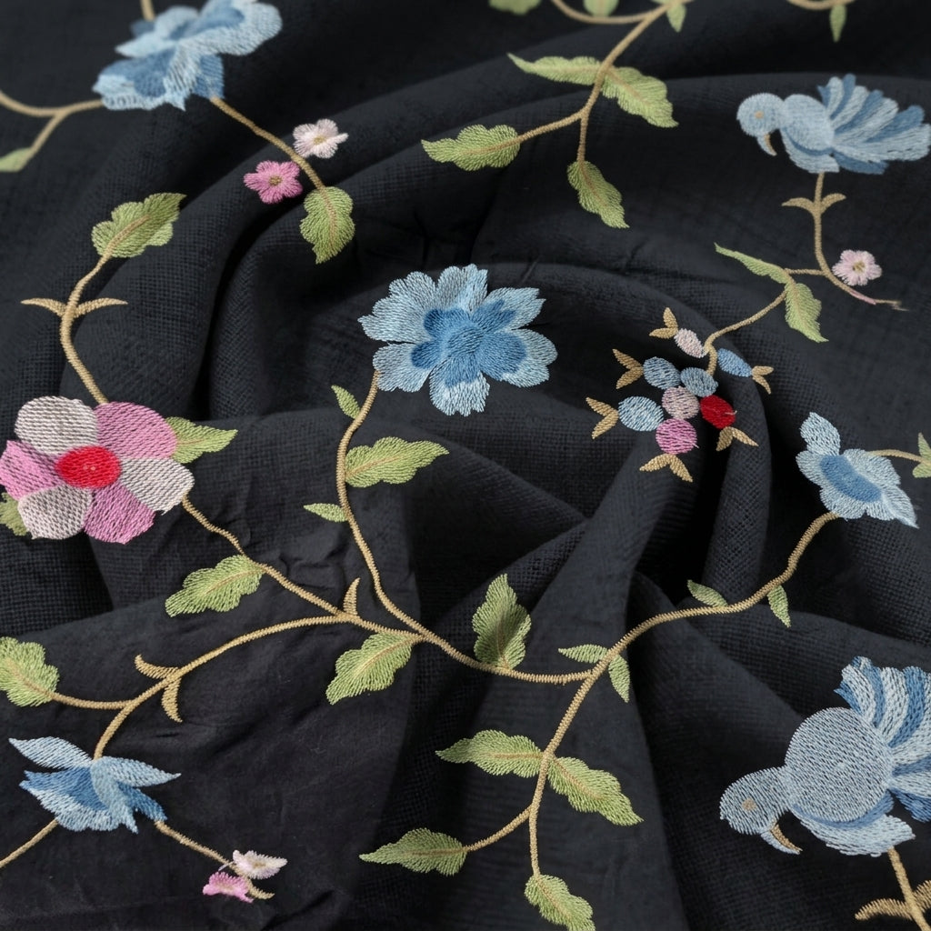 Swirled Embroidery Black Embroidery Tussar Fabric