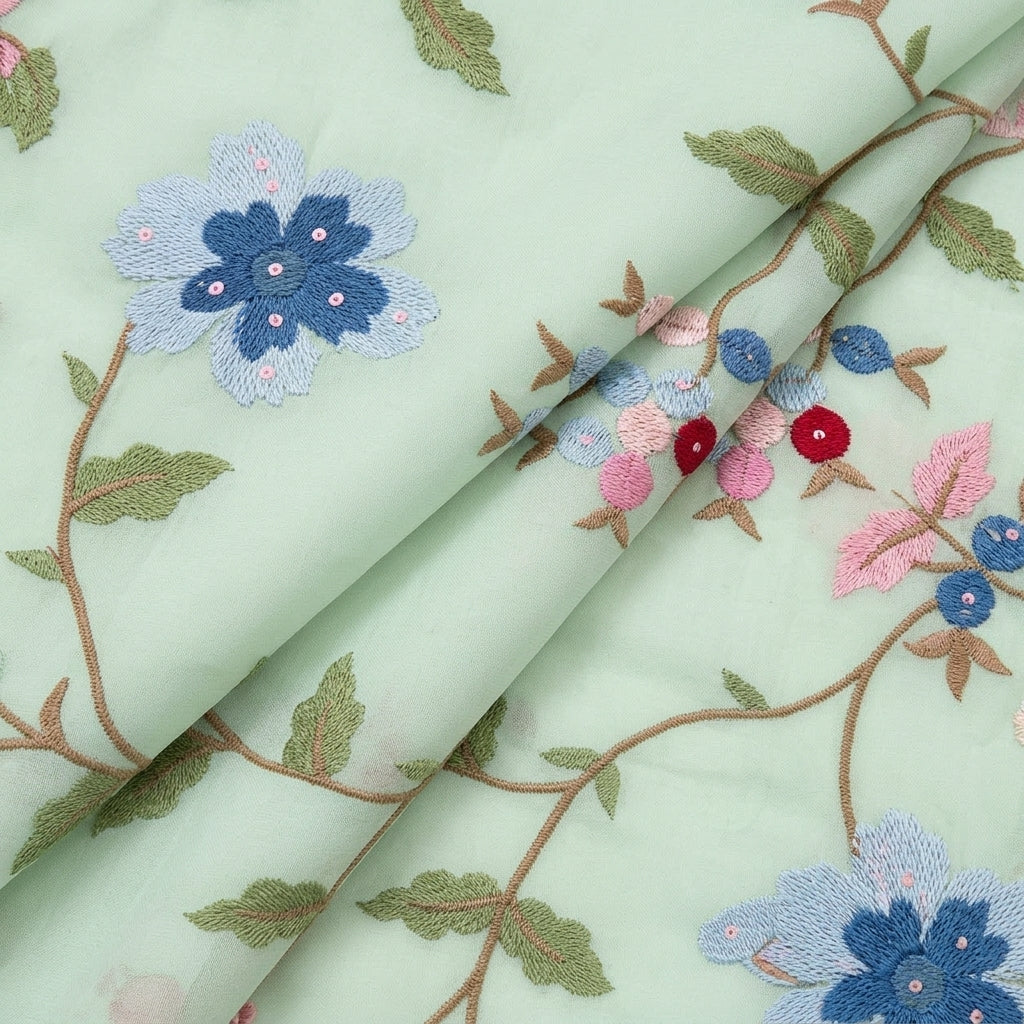 Folded Embroidery Light Green Embroidery Chanderi Fabric