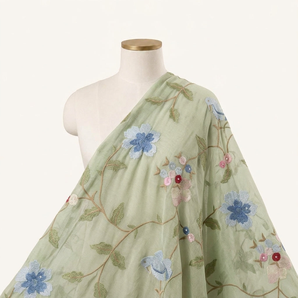 Embroidery Light Green Embroidery Chanderi Fabric Draped as a saree