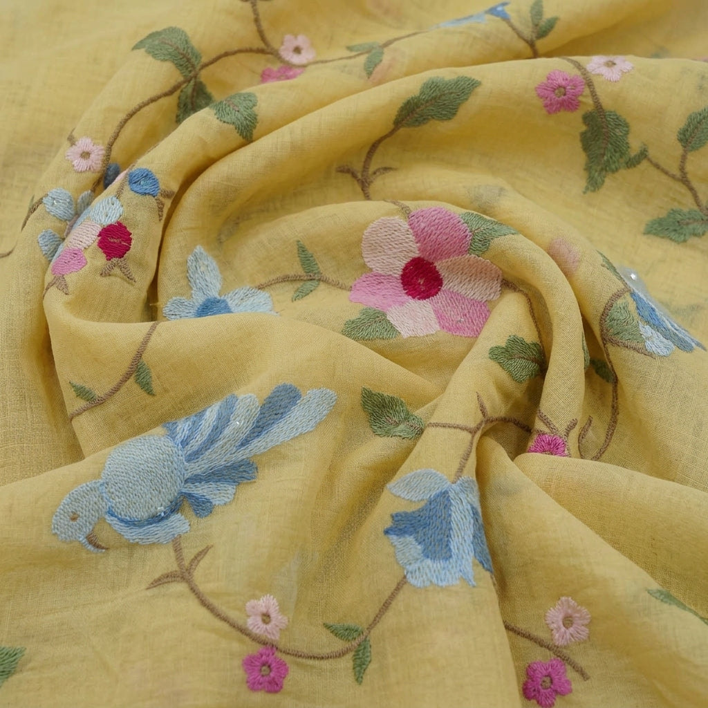 Swirled Embroidery Yellow Embroidery Chanderi Fabric