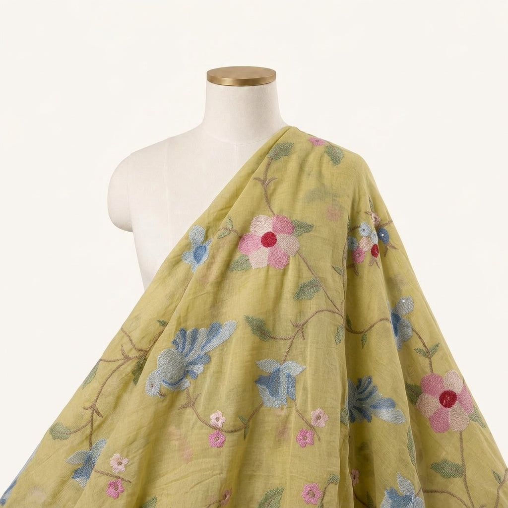 Embroidery Yellow Embroidery Chanderi Fabric Draped as a saree