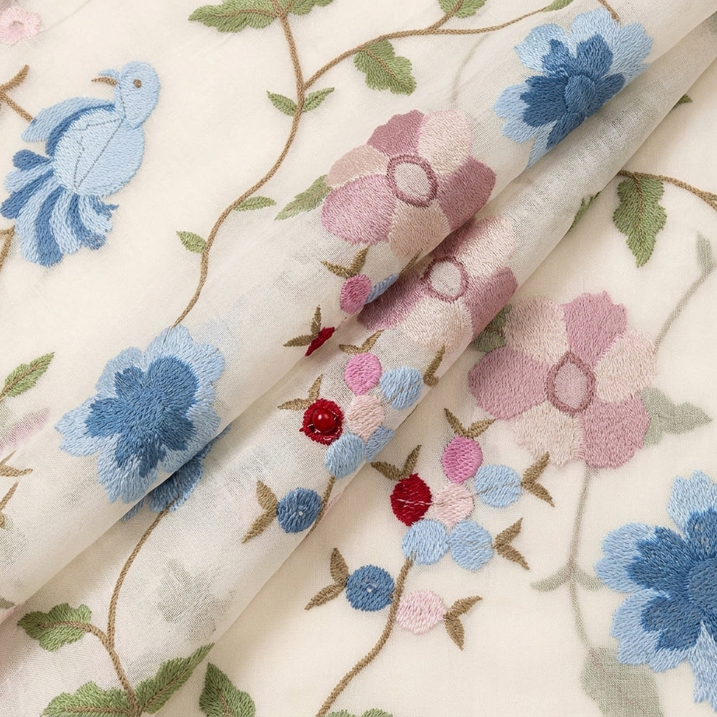Folded Embroidery Cream Embroidery Chanderi Fabric