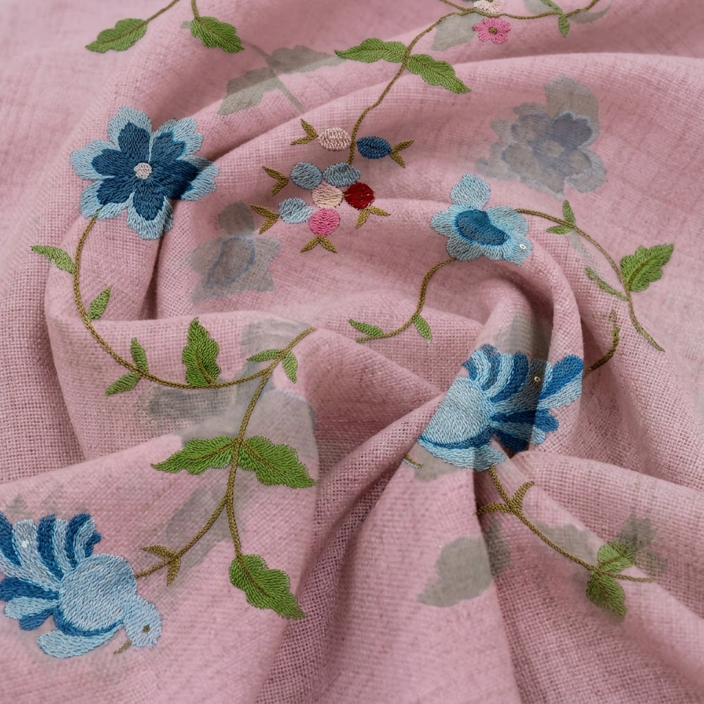 Swirled Embroidery Pink Embroidery Chanderi Fabric