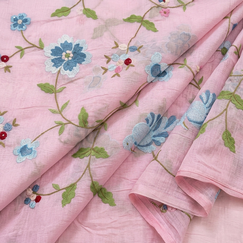 Folded Embroidery Pink Embroidery Chanderi Fabric