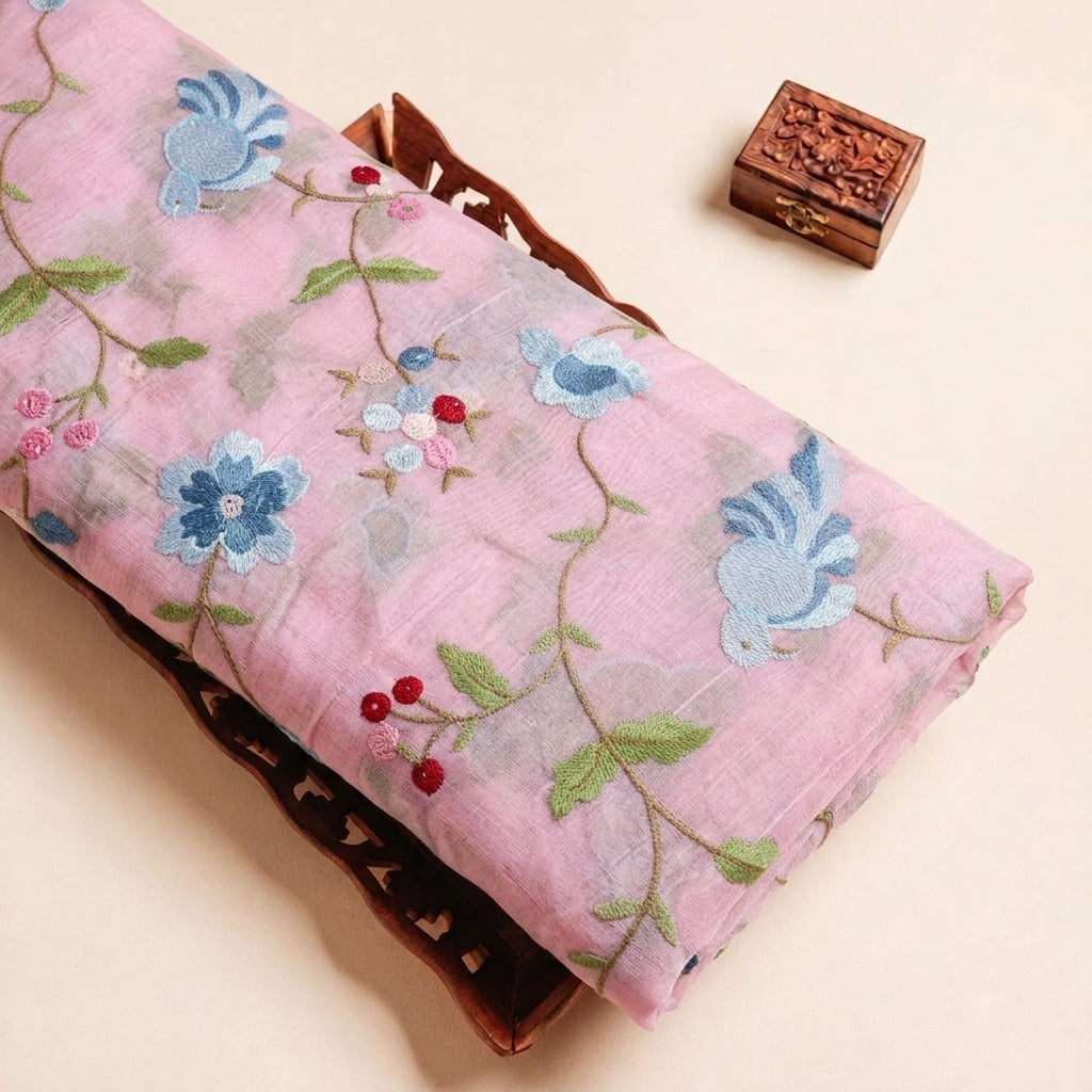 Folded Pink Embroidery Chanderi Fabric Highlighting Floral Thread Work Cotton and Texture
