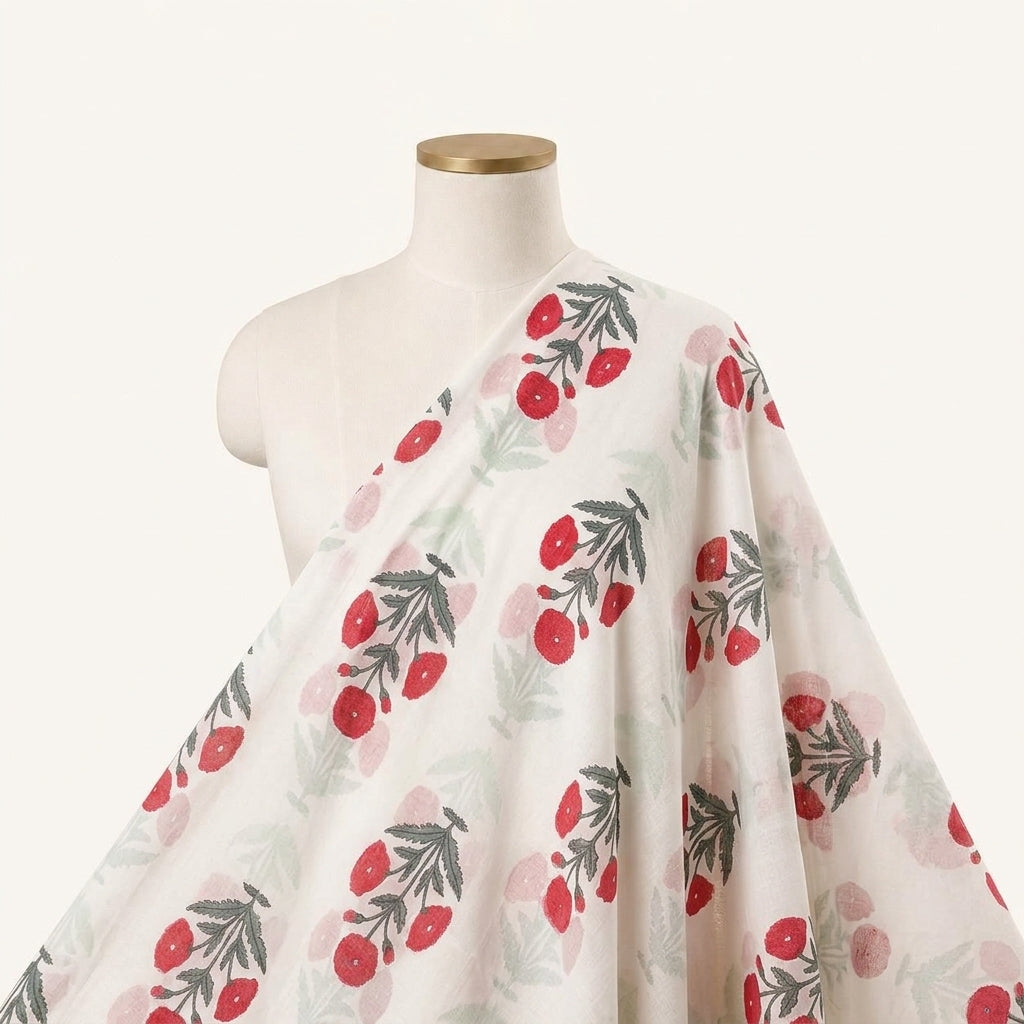 Floral White Floral Cotton Fabric Draped as a saree