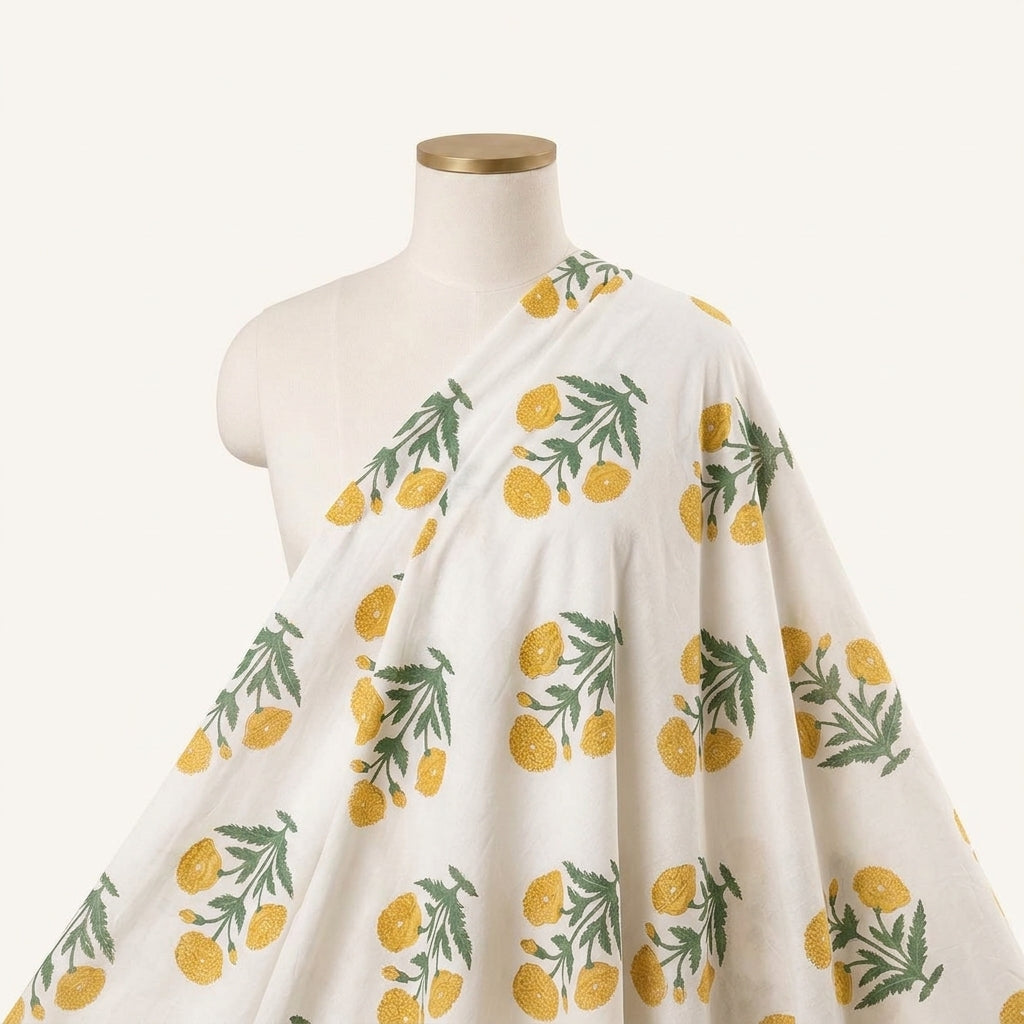 Floral White Floral Cotton Fabric Draped as a saree