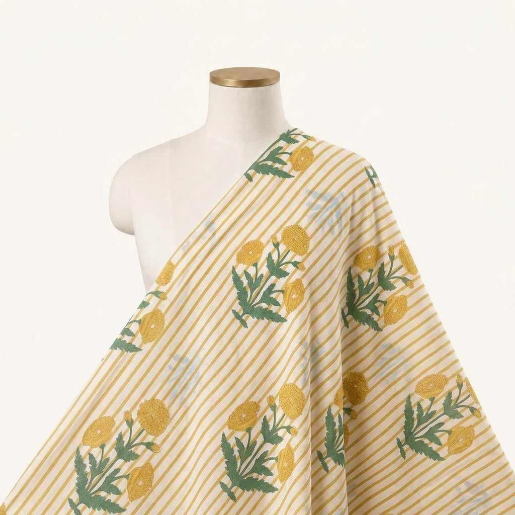 Floral White Floral Cotton Fabric Draped as a saree
