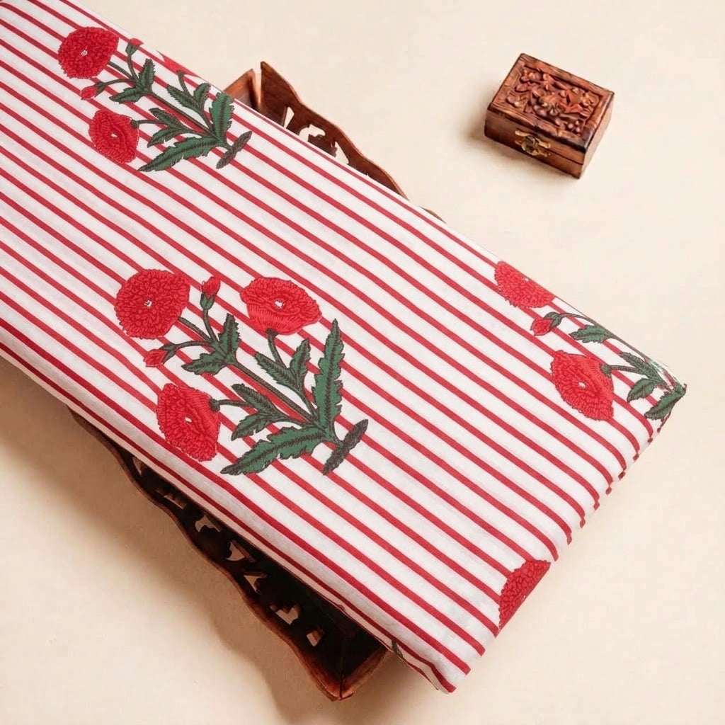 White Striped Floral Cotton Fabric