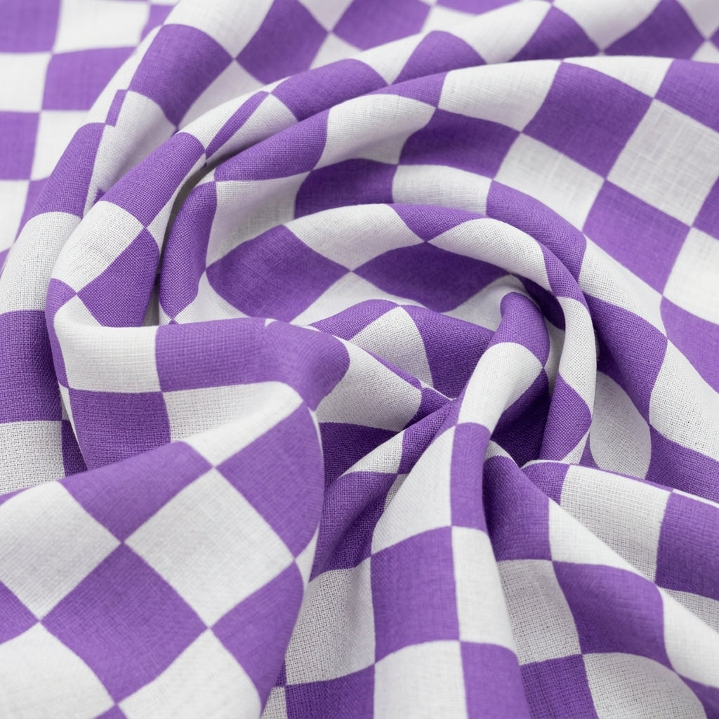 Swirled Checked White Checked Cotton Fabric