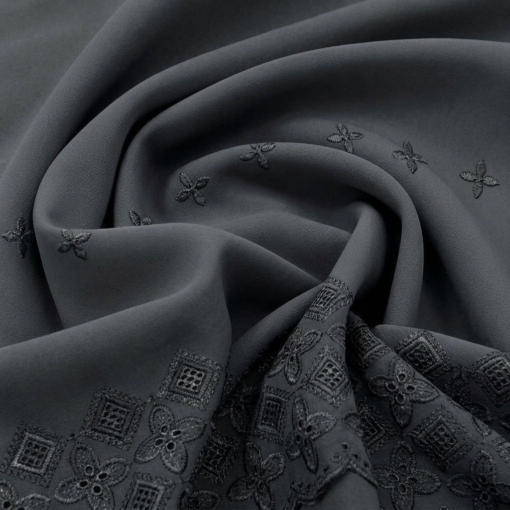 Swirled Black Embroidery Cotton Fabric Showing Floral and Drape