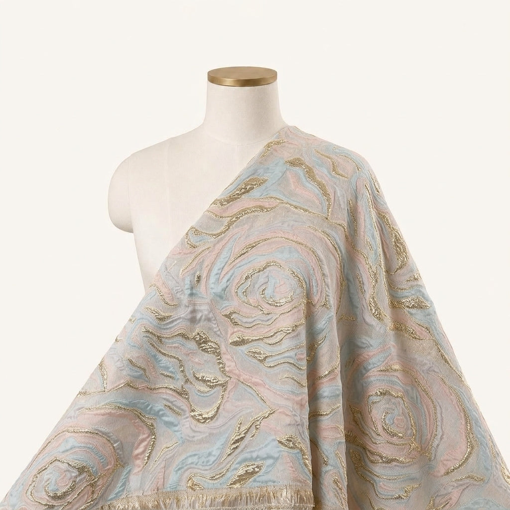 Embossed Peach Embossed Organza Fabric Draped as a saree