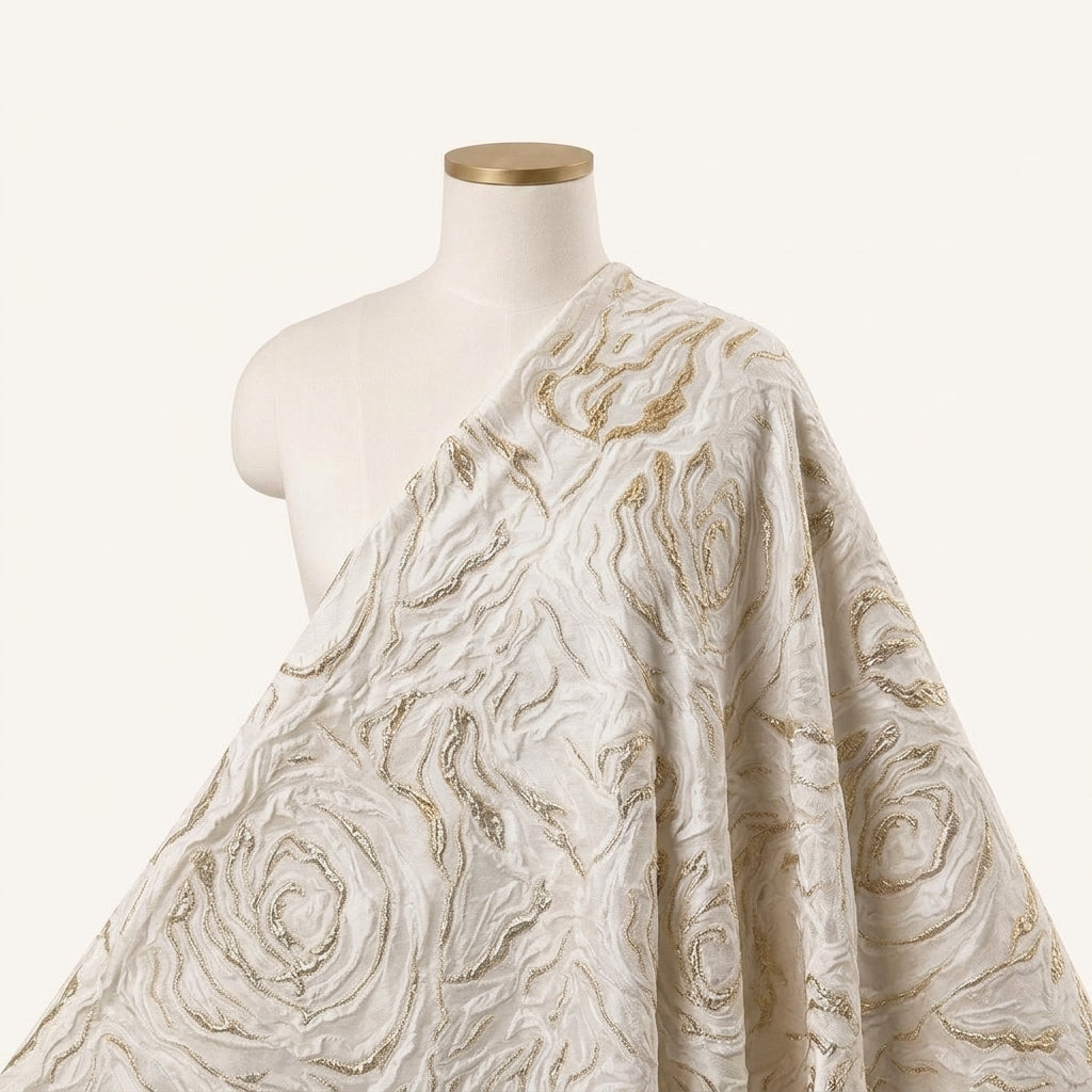 Embossed Cream Embossed Organza Fabric Draped as a saree