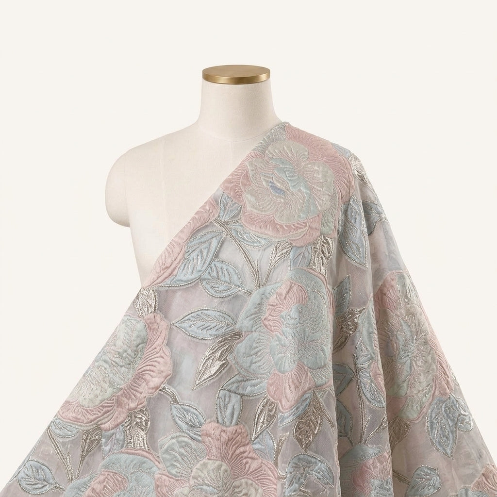 Embossed White Embossed Organza Fabric Draped as a saree