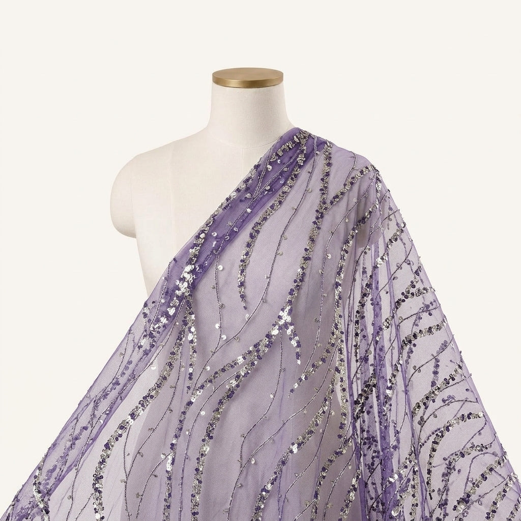 Embroidery Purple Embroidery Net Fabric Draped as a saree