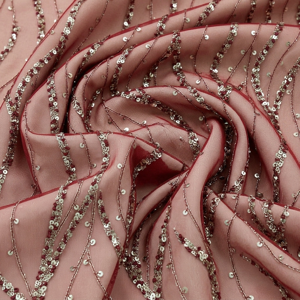 Swirled Maroon Embroidery Net Fabric Showing Stone Sequin Zari and Drape