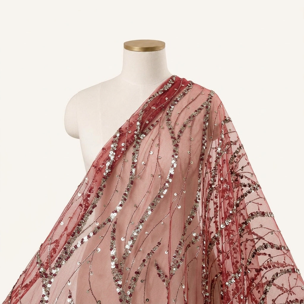 Embroidery Maroon Embroidery Net Fabric Draped as a saree