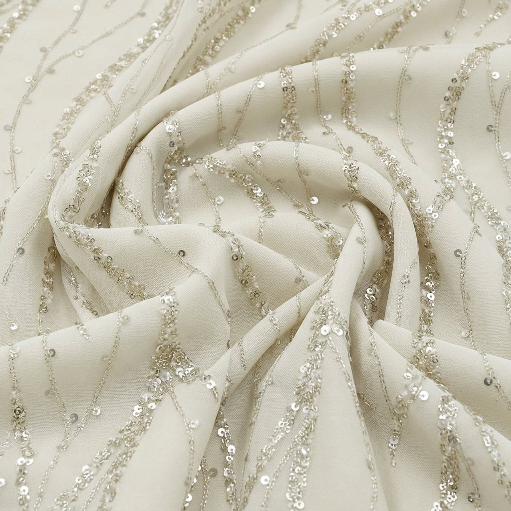 Swirled White Embroidery Net Fabric Showing Stone Sequin Zari and Drape