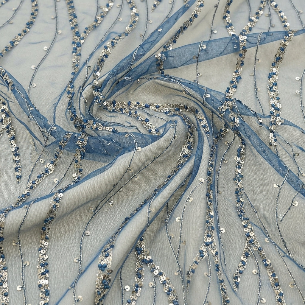 Swirled Blue Embroidery Net Fabric Showing Stone Sequin Zari and Drape