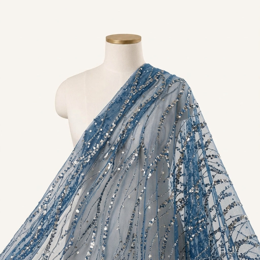 Embroidery Blue Embroidery Net Fabric Draped as a saree