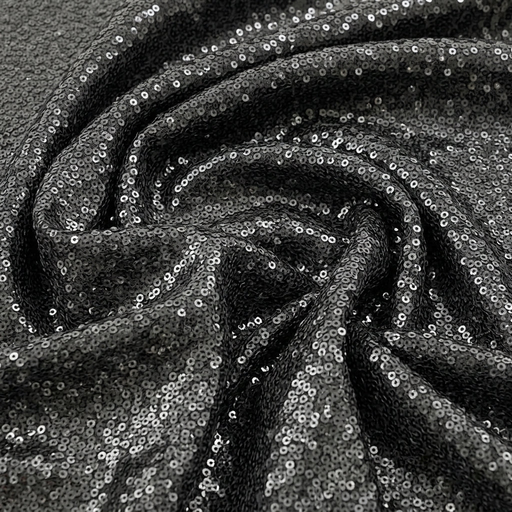 Swirled Black Embroidery Net Fabric Showing Sequin Stone and Drape