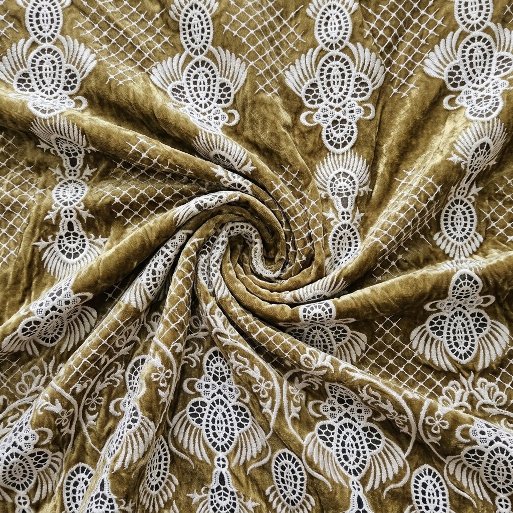 Swirled Yellow Embroidery Velvet Fabric Showing Thread Work Border and Drape