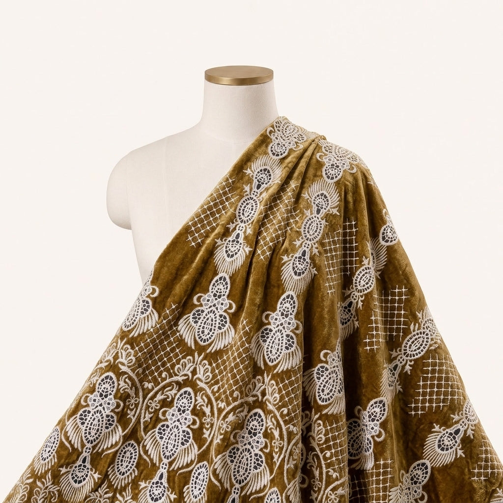 Yellow Embroidery Velvet Fabric Draped as a saree