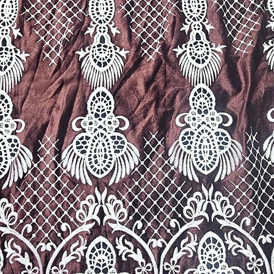 Brown Embroidery Velvet Fabric, laid flat