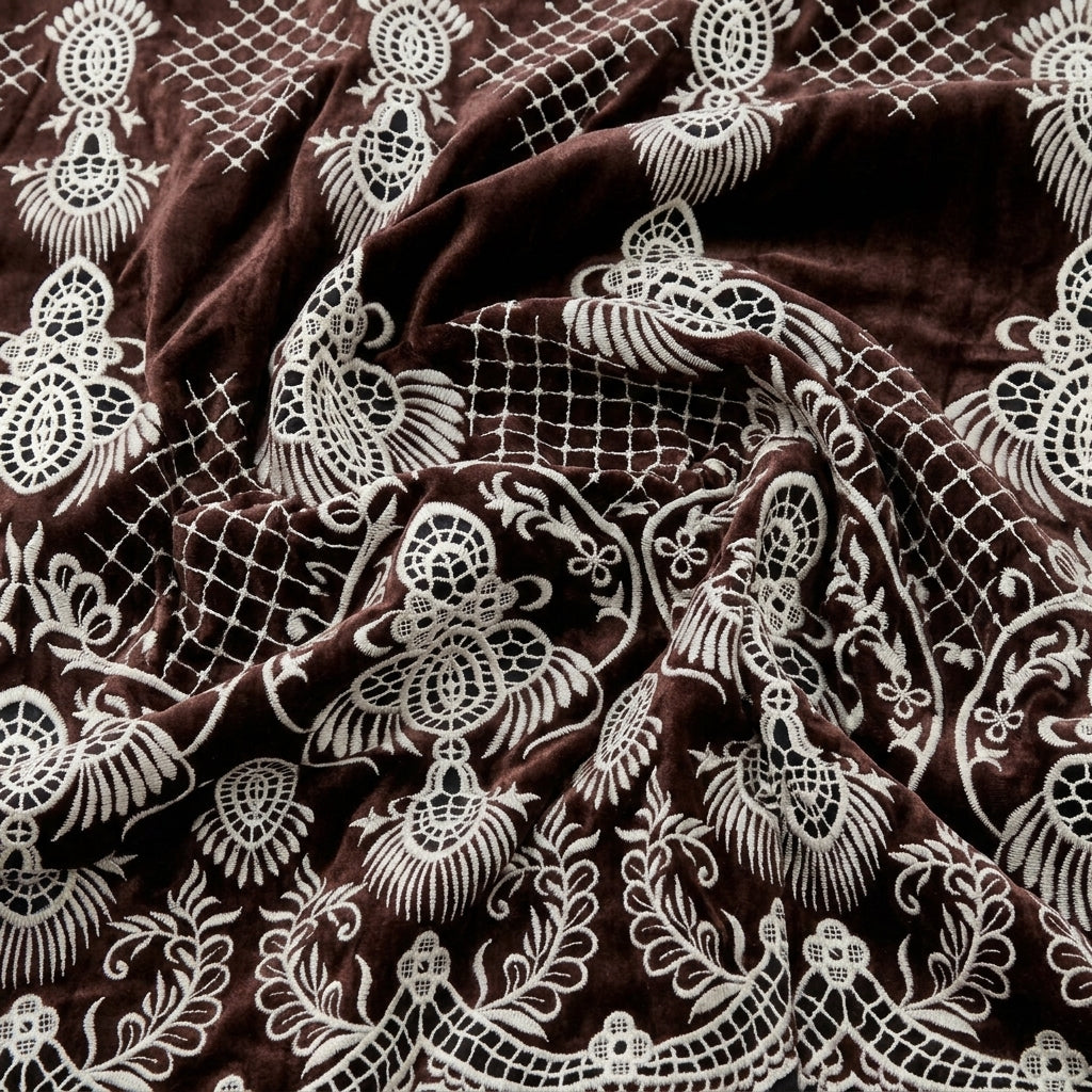 Swirled Brown Embroidery Velvet Fabric Showing Thread Work Border and Drape