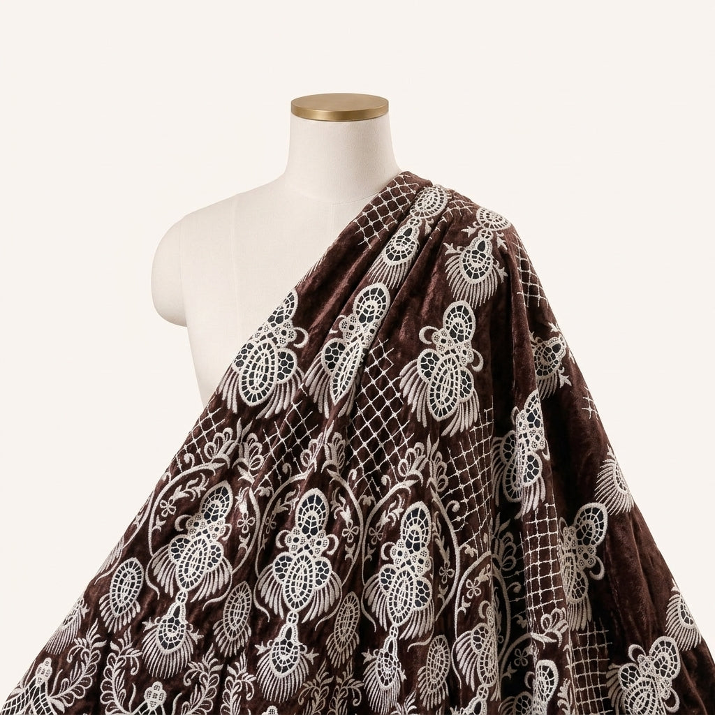 Brown Embroidery Velvet Fabric Draped as a saree