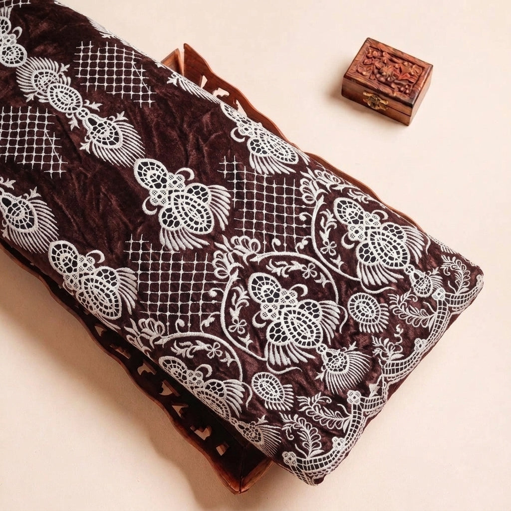 Brown Embroidery Velvet Fabric, folded