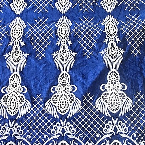 Blue Embroidery Velvet Fabric, laid flat