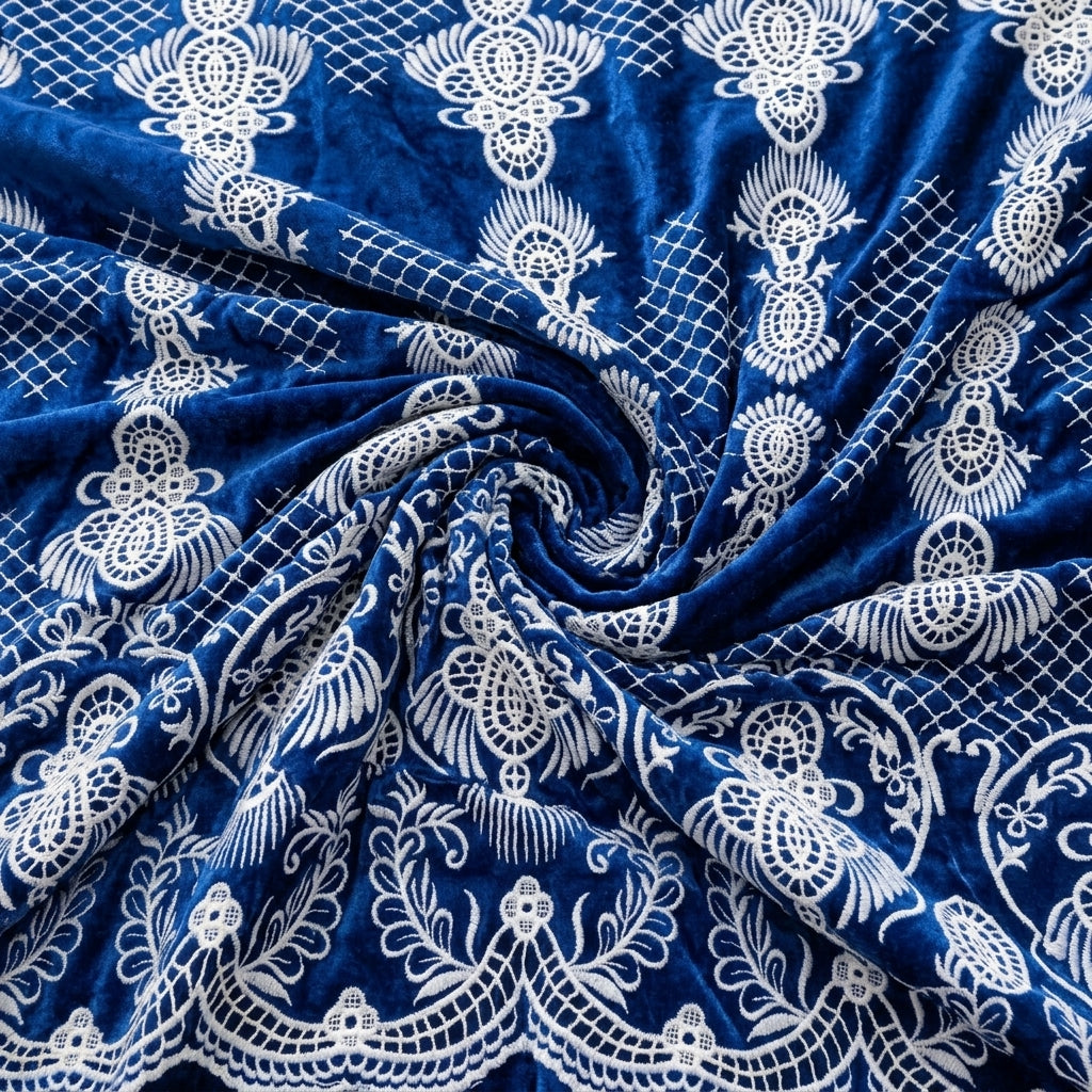 Swirled Blue Embroidery Velvet Fabric Showing Thread Work Border and Drape